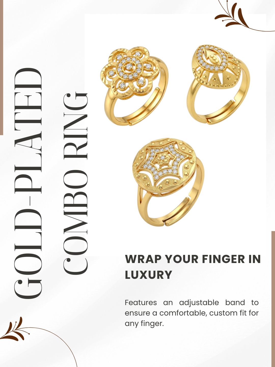 Gold Plated Adjustable Combo of 3 Rings for Women