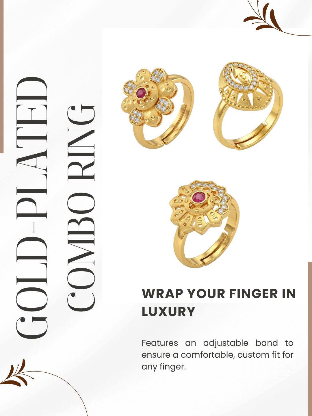 Gold Plated Adjustable Combo of 3 Rings for Women