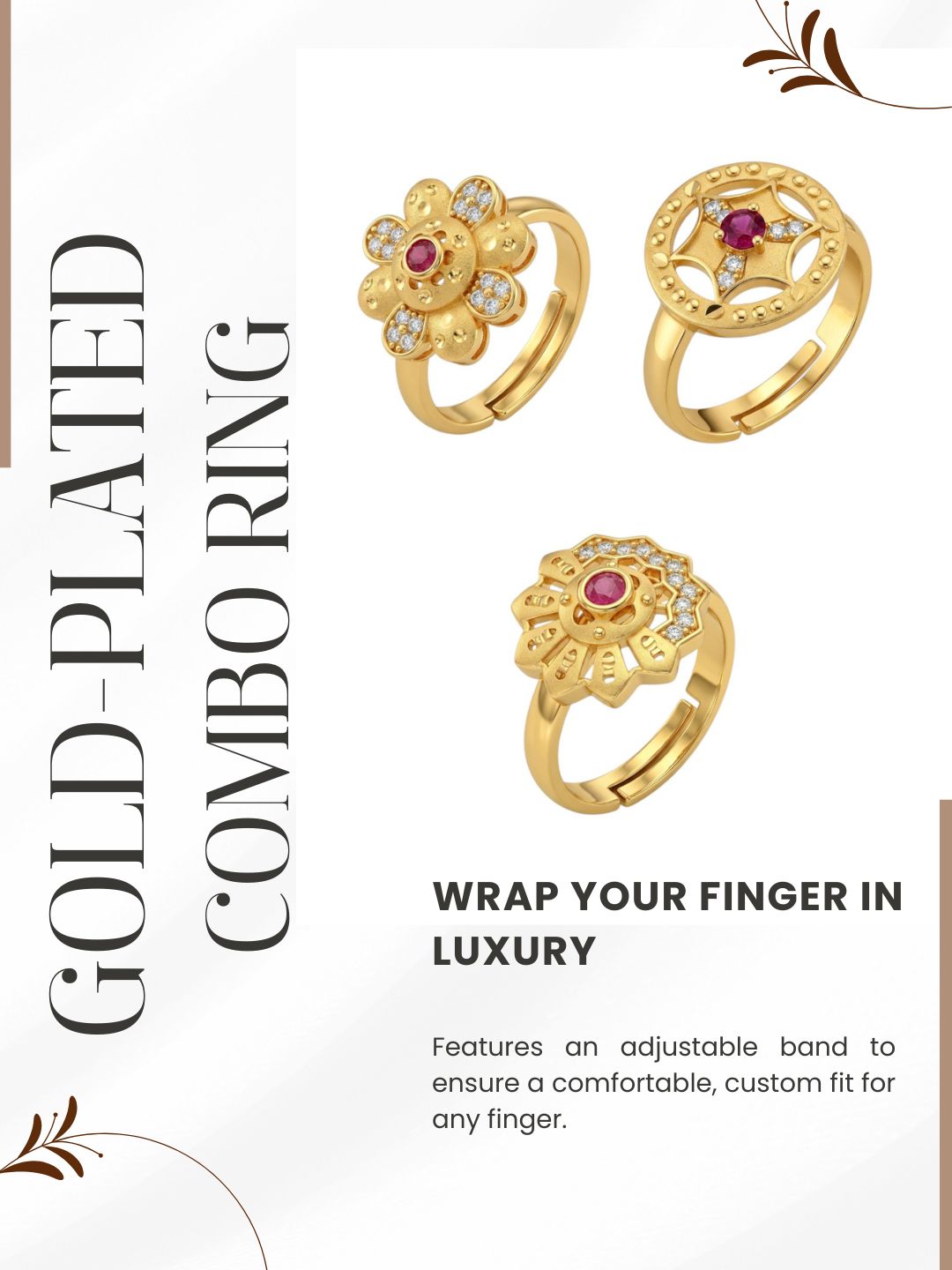 Gold Plated Adjustable Combo of 3 Rings for Women