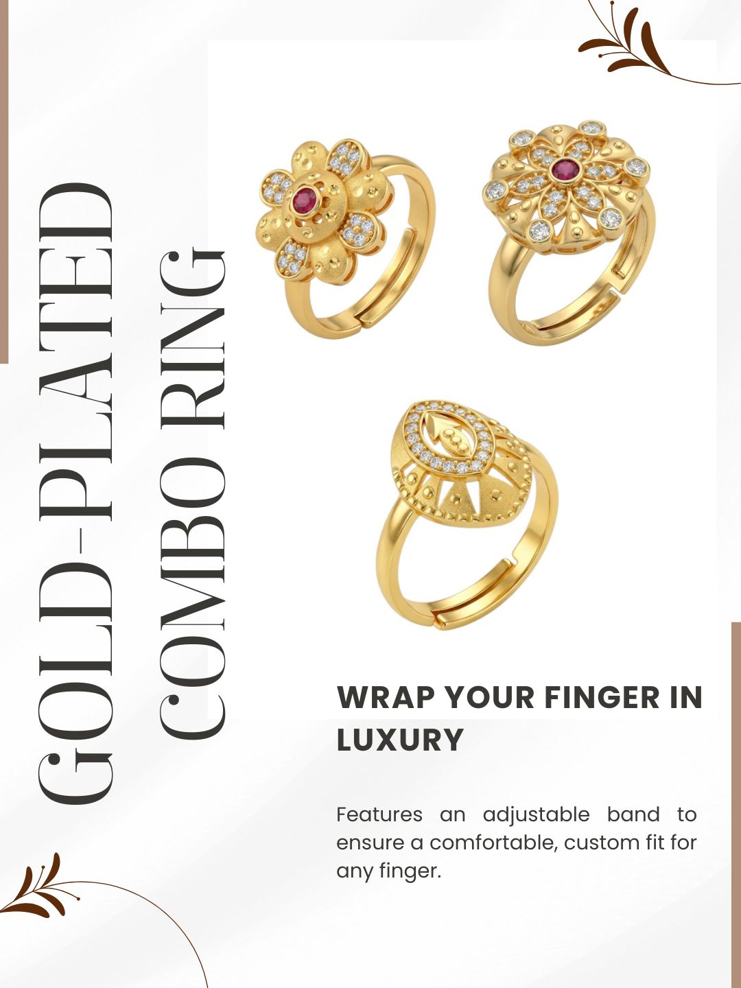 Gold Plated Adjustable Combo of 3 Rings for Women