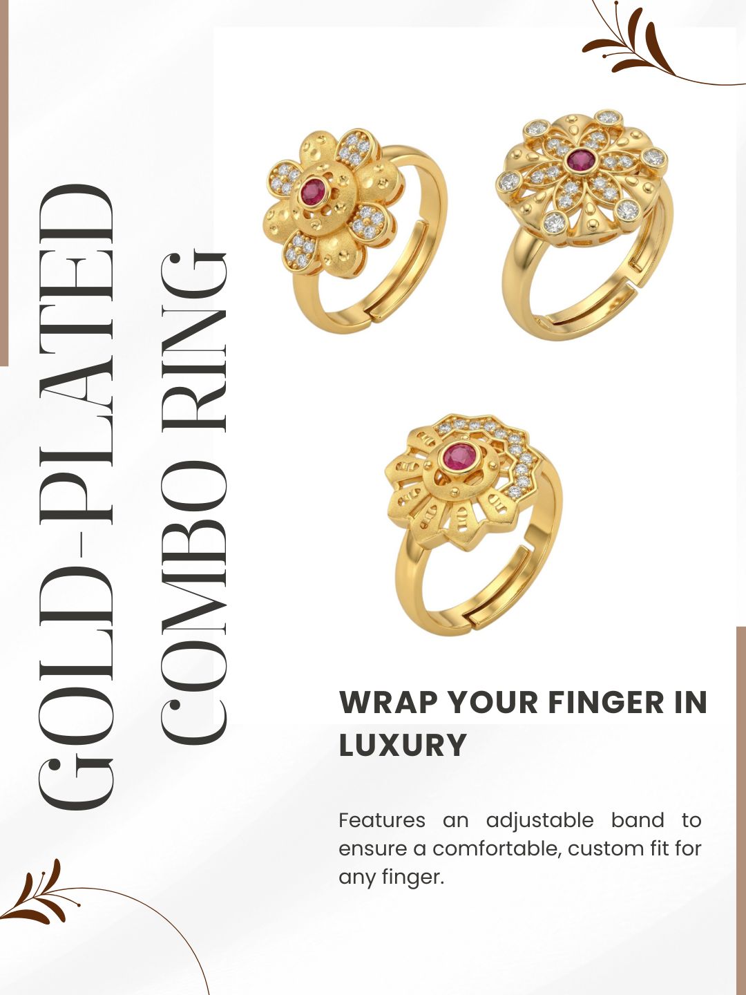 Gold Plated Adjustable Combo of 3 Rings for Women