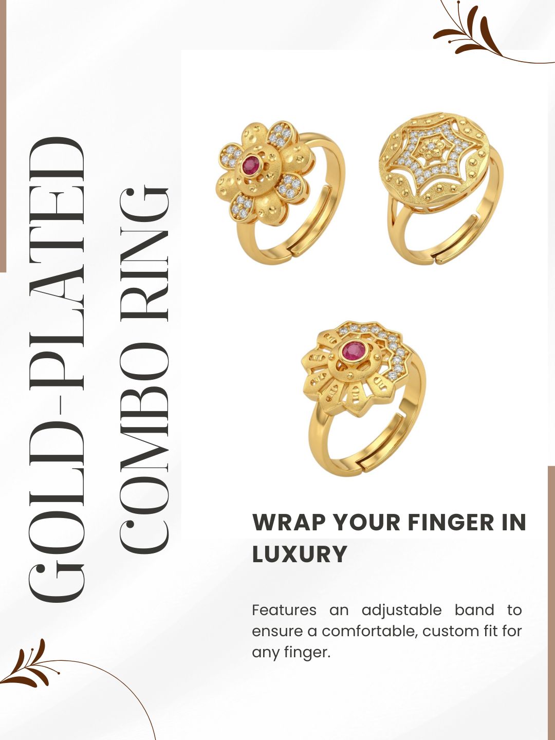 Gold Plated Adjustable Combo of 3 Rings for Women