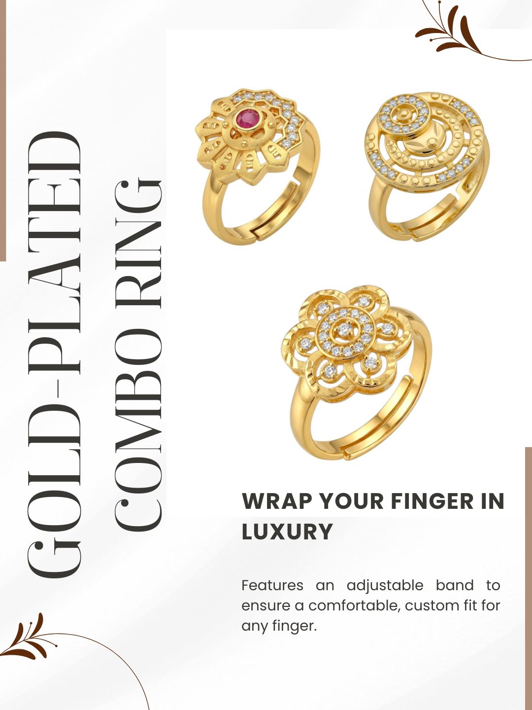 Gold Plated Adjustable Combo of 3 Rings for Women