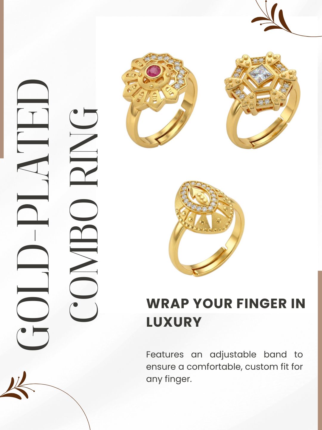 Gold Plated Adjustable Combo of 3 Rings for Women