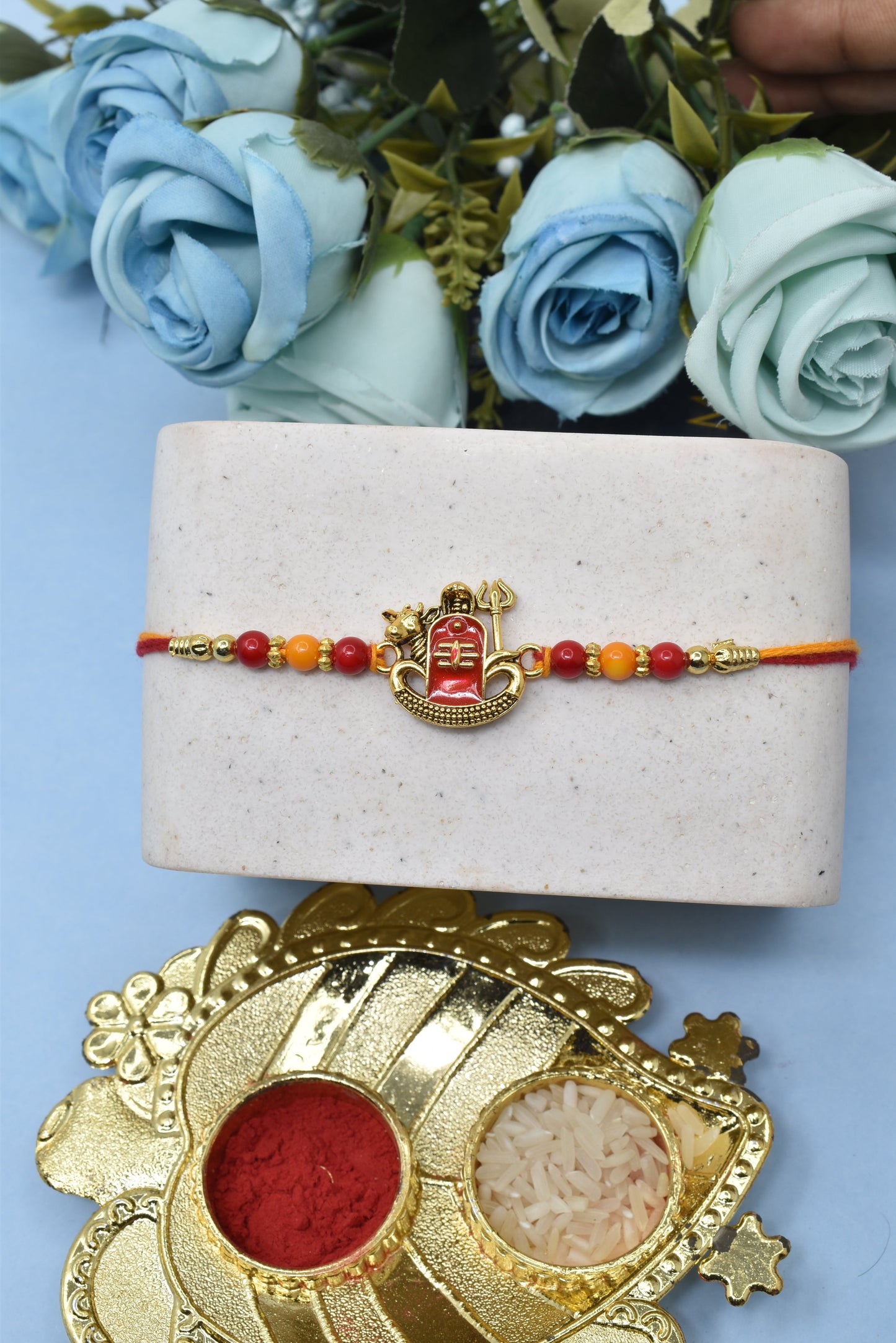 Religious Designer OM Namah Shivay With Nandi Aesthtic Rakhis Divine Goldplated Multicolored Rakhis Set of 3 Rakhi with Pack of Roli Chawal n Card |rakhi for brother|Bhaiya Rakhi | Kids rakhi |Rakhi for kids|Rakhi for Bhaiya