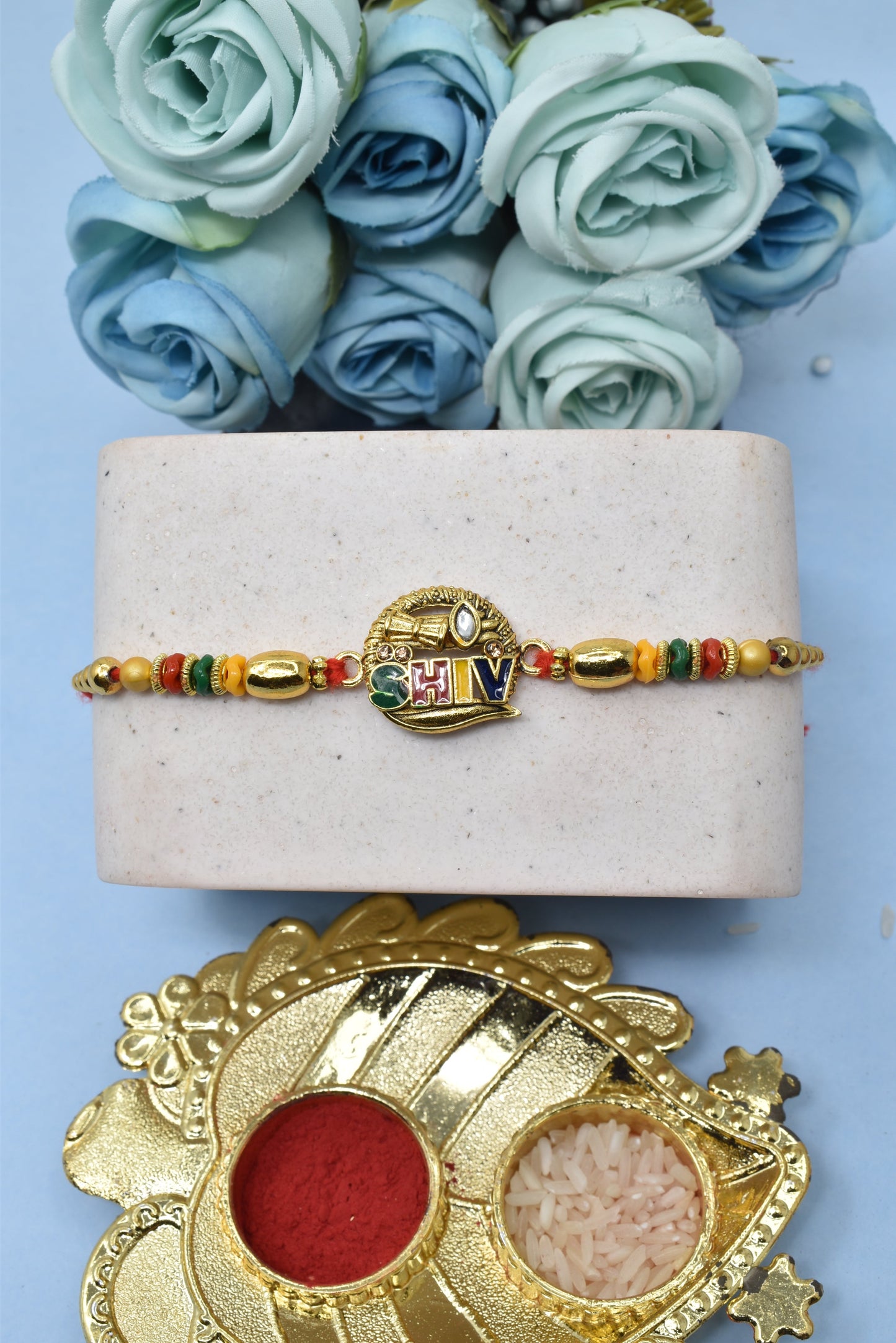 Traditional Designer Shiv With Damru Spritual Aesthtic Rakhis Divine Goldplated Multicolored Rakhis Set of 3 Rakhi with Pack of Roli Chawal n Card |rakhi for brother|Bhaiya Rakhi | Kids rakhi |Rakhi for kids|Rakhi for Bhaiya