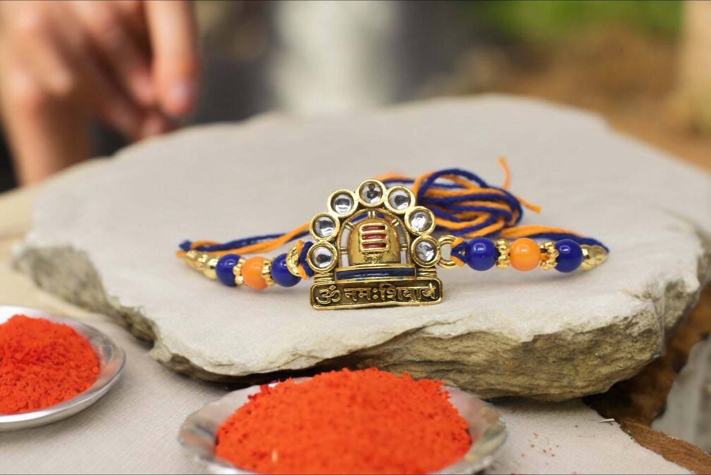 Religious Designer Om Namah Shivay Shivling Spritual Aesthtic Rakhis Divine Goldplated Multicolored Rakhis Set of 3 Rakhi with Pack of Roli Chawal n Card |rakhi for brother|Bhaiya Rakhi | Kids rakhi |Rakhi for kids|Rakhi for Bhaiya