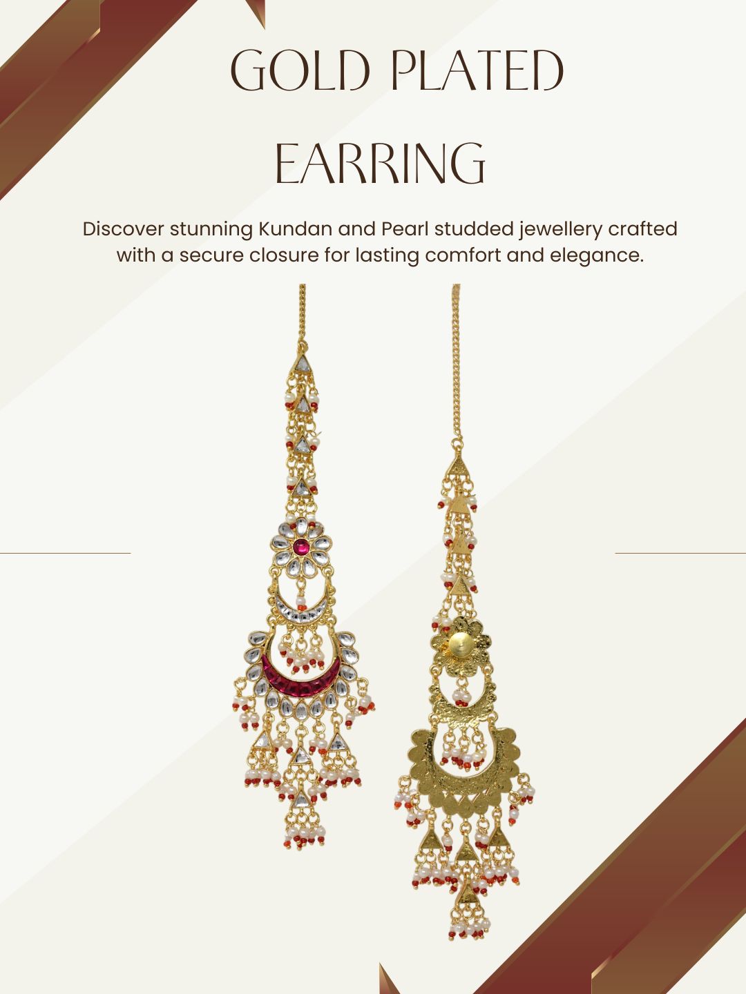 Women Gold-Toned Kundan Inspired Long with Chain Chandbali Earrings