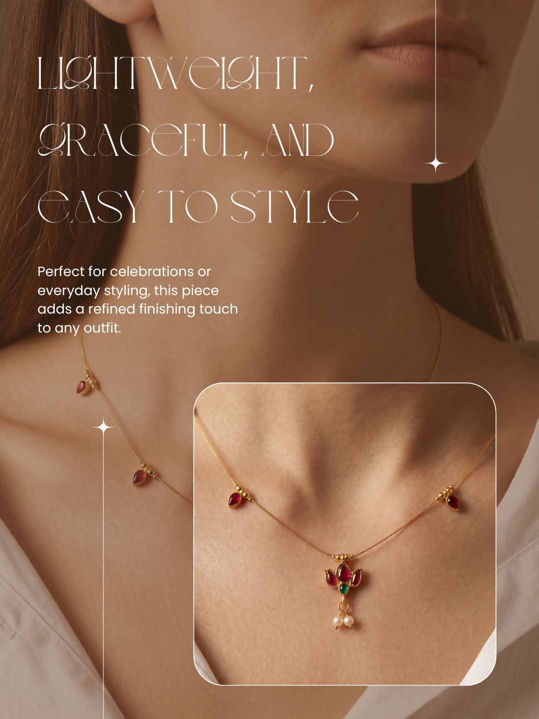 Gold-Toned Pearl Drop Wire Necklace with Red Stone Charms