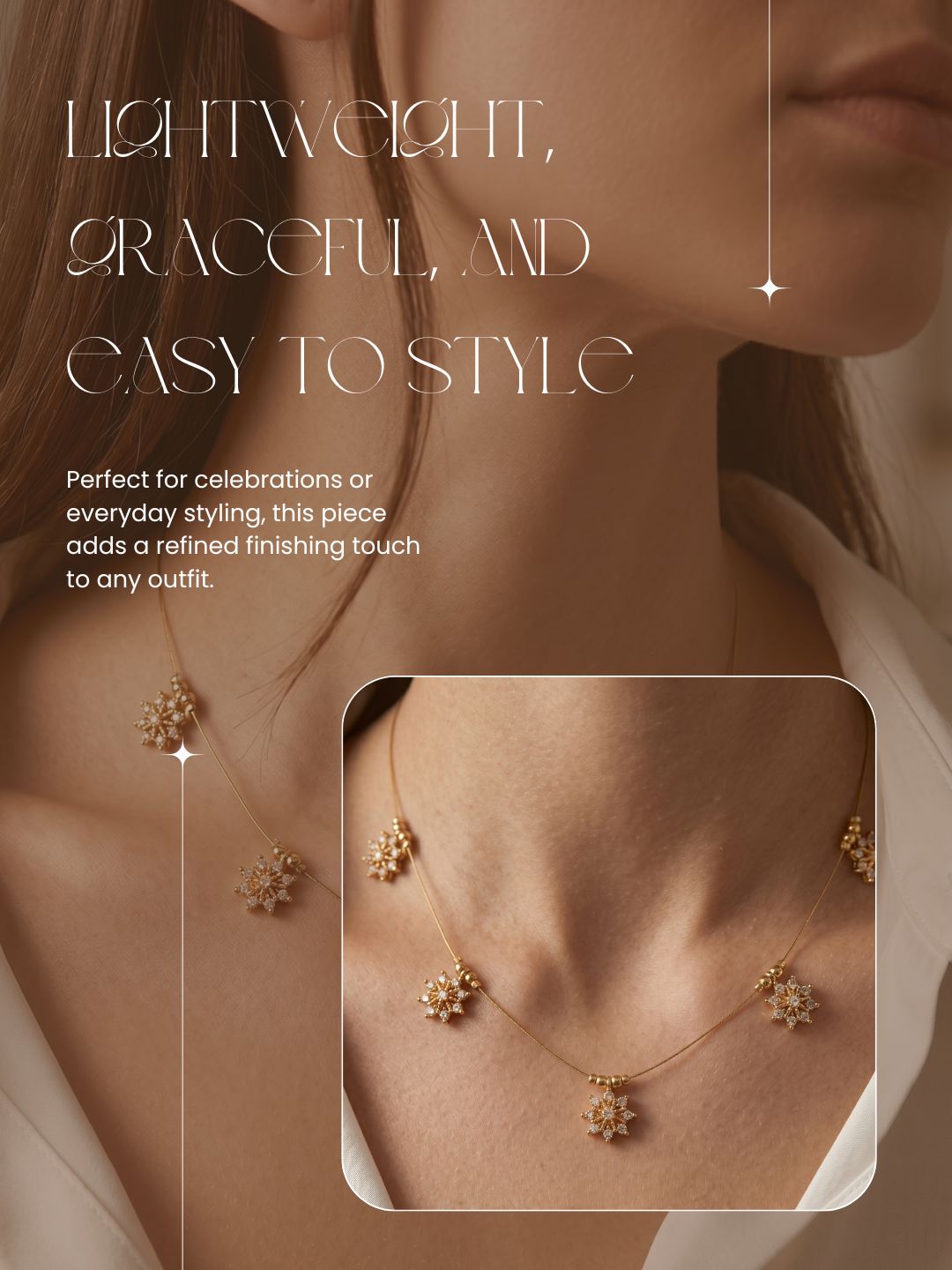 Gold-Toned Delicate Charm Wire Necklace with Sparkling Floral Motifs