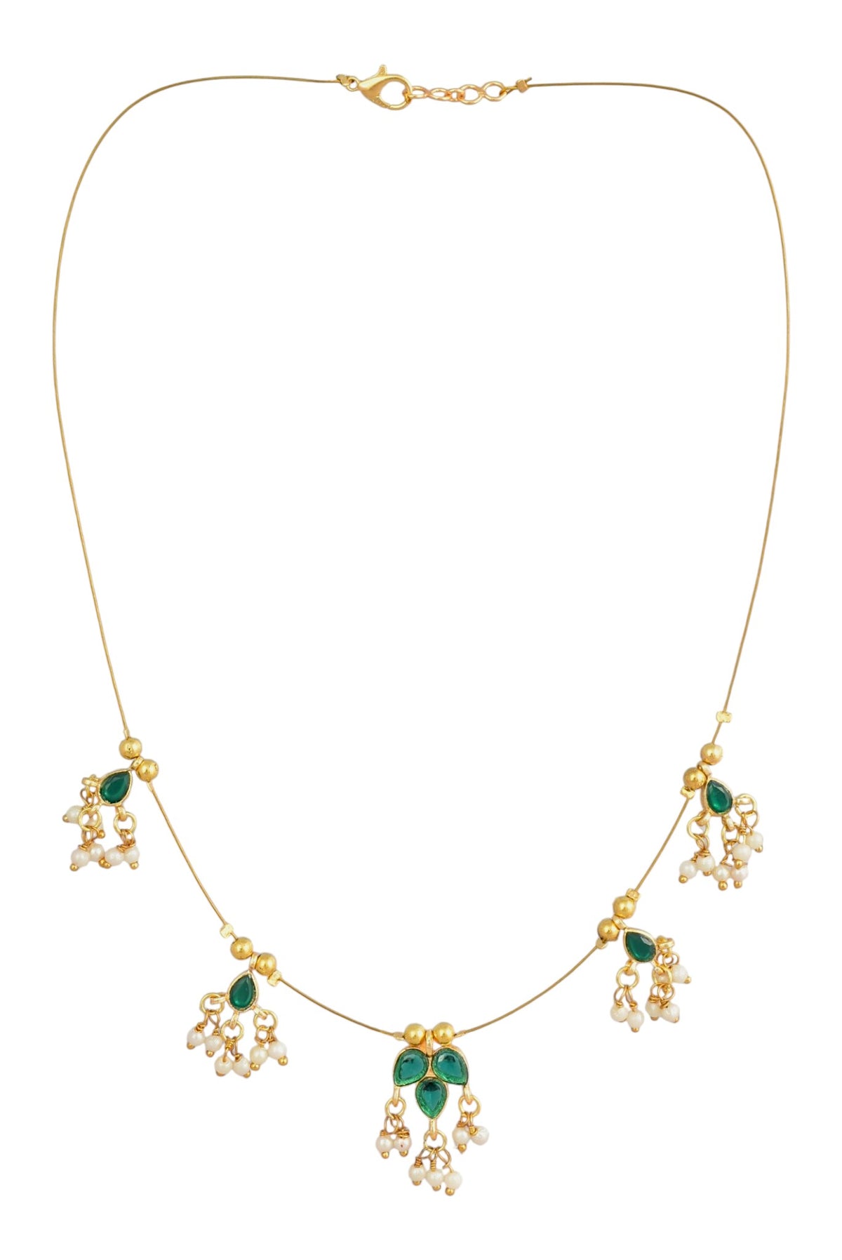Gold-Plated Green Stone & Pearl Wire Necklace for Women and Girls