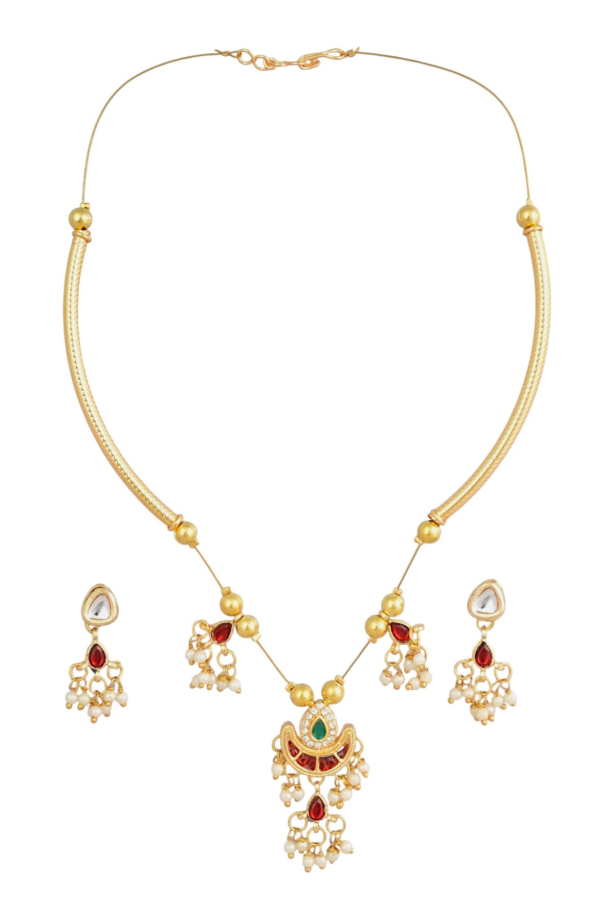 Gold-Plated Red Kundan & Pearl Hasli Necklace Set for Women