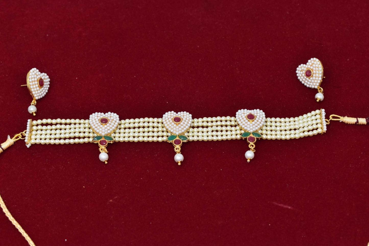 Heart Shape Red Rajputana Moti Choker Set