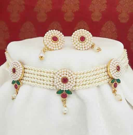 Round Shape Red Rajputana White Moti Choker Set