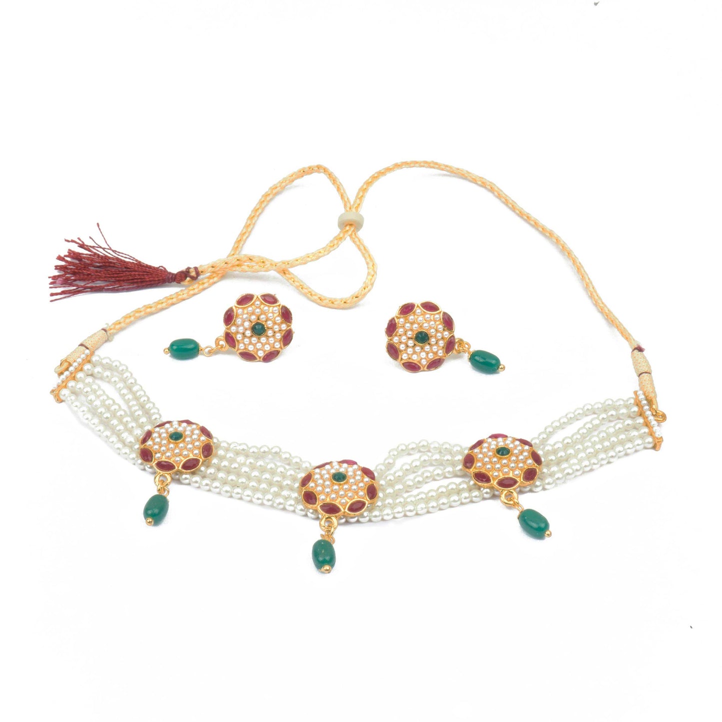 Trendy Rajputi Red and Blue Color White Moti Choker Set