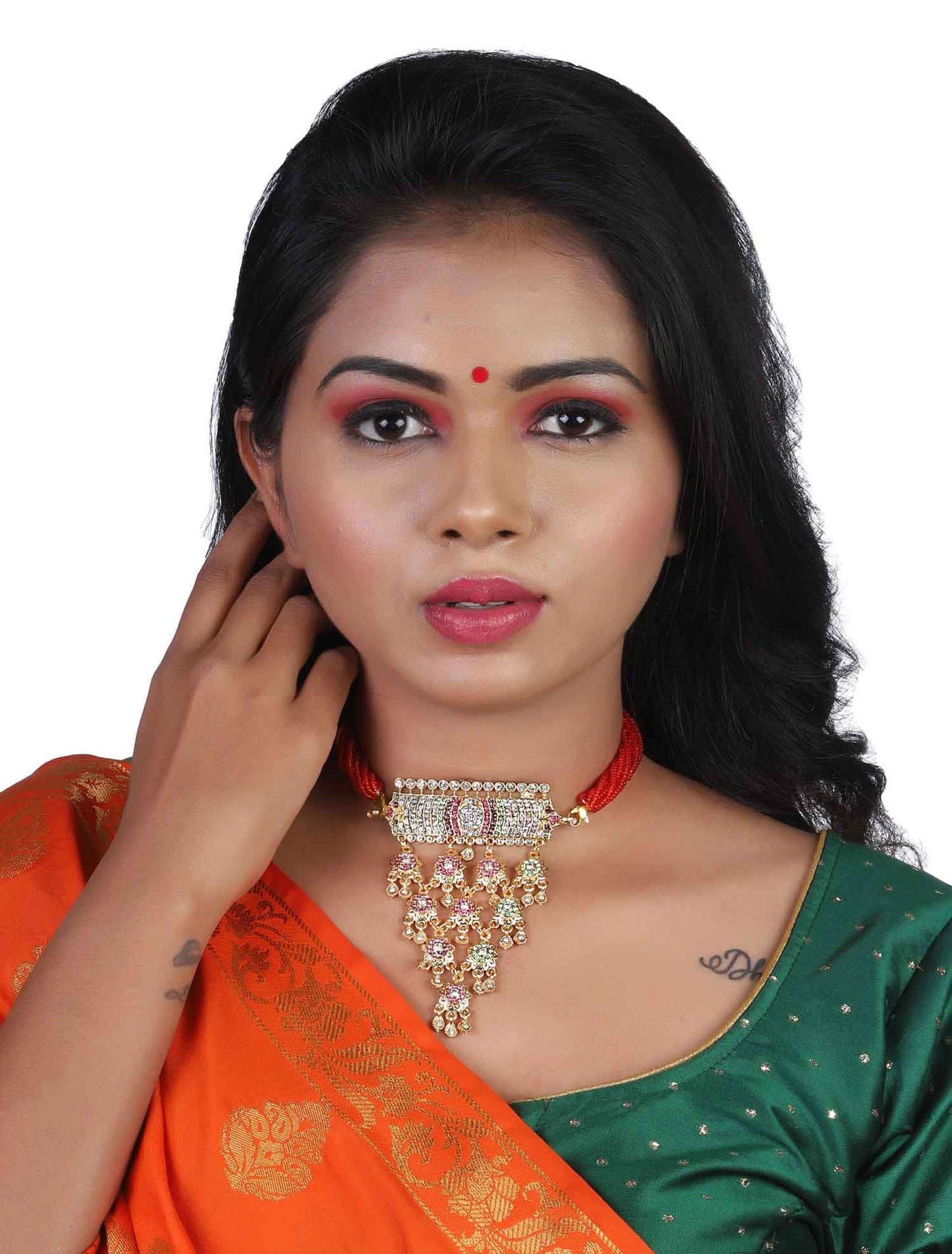 Designer Red Color Rajputi Aad Emblessed With AD