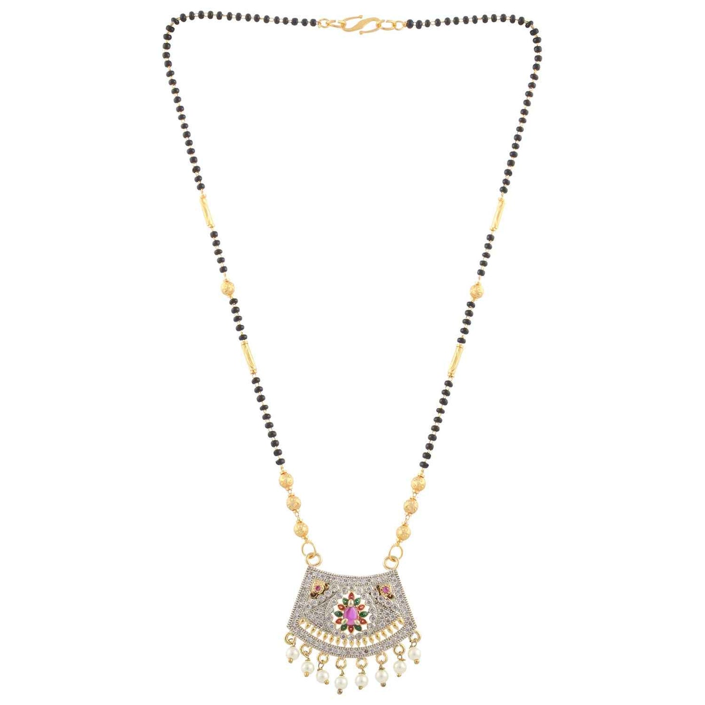 Indian Jewellery from Meira Jewellery:Mangalsutra,Gold Plated Pink, Red, Green Stoned Mangalsutra with Gold and Black beads