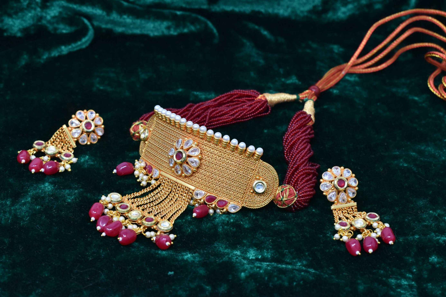 Indian Jewellery from Meira Jewellery:Rajasthani Jewellery,Designer Premium Quality Gold Plated Rajasthani Multy String Maroon Choker