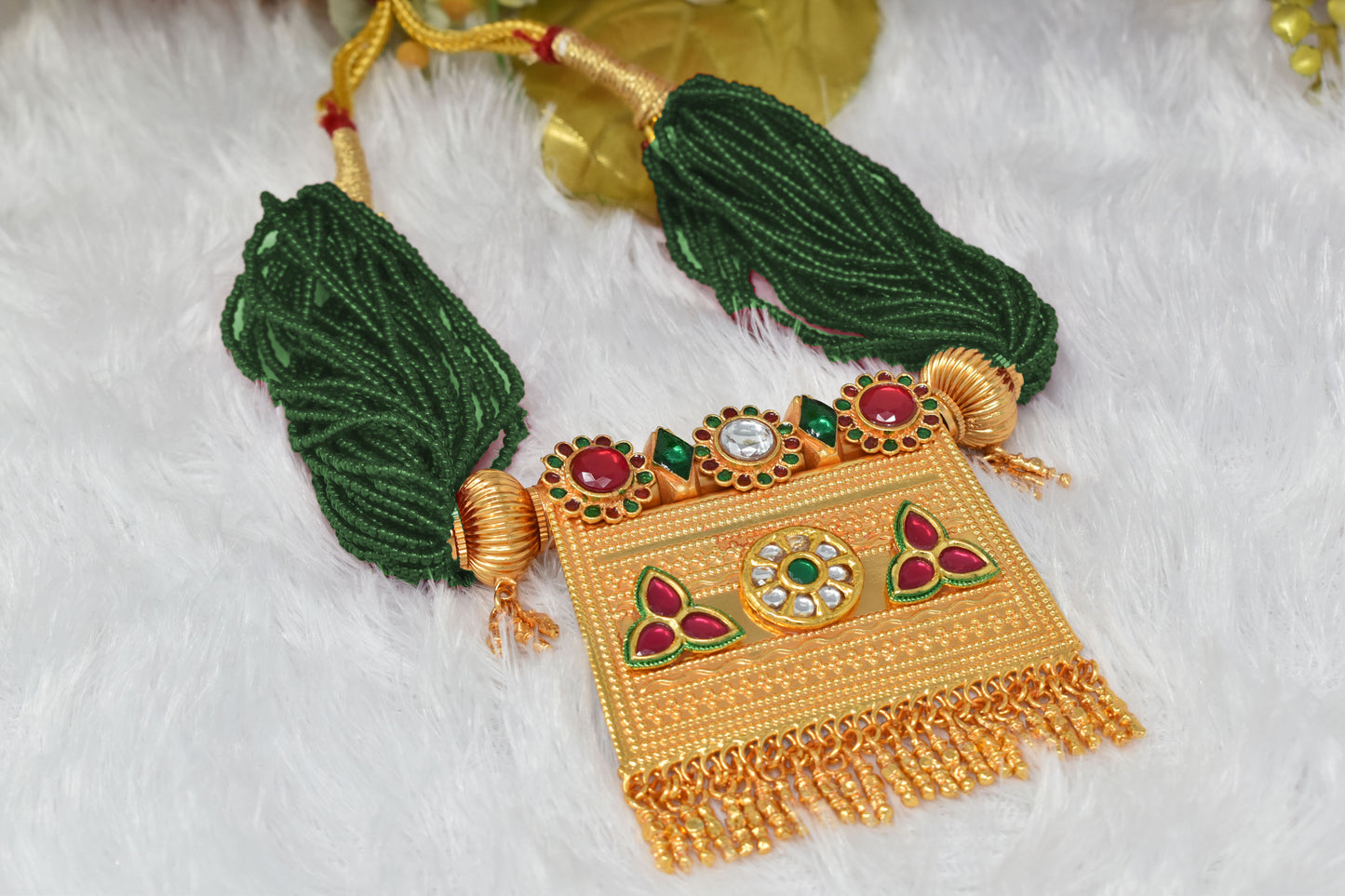 Designer Gold Plated Kundan Work Green Rajputi Timaniya