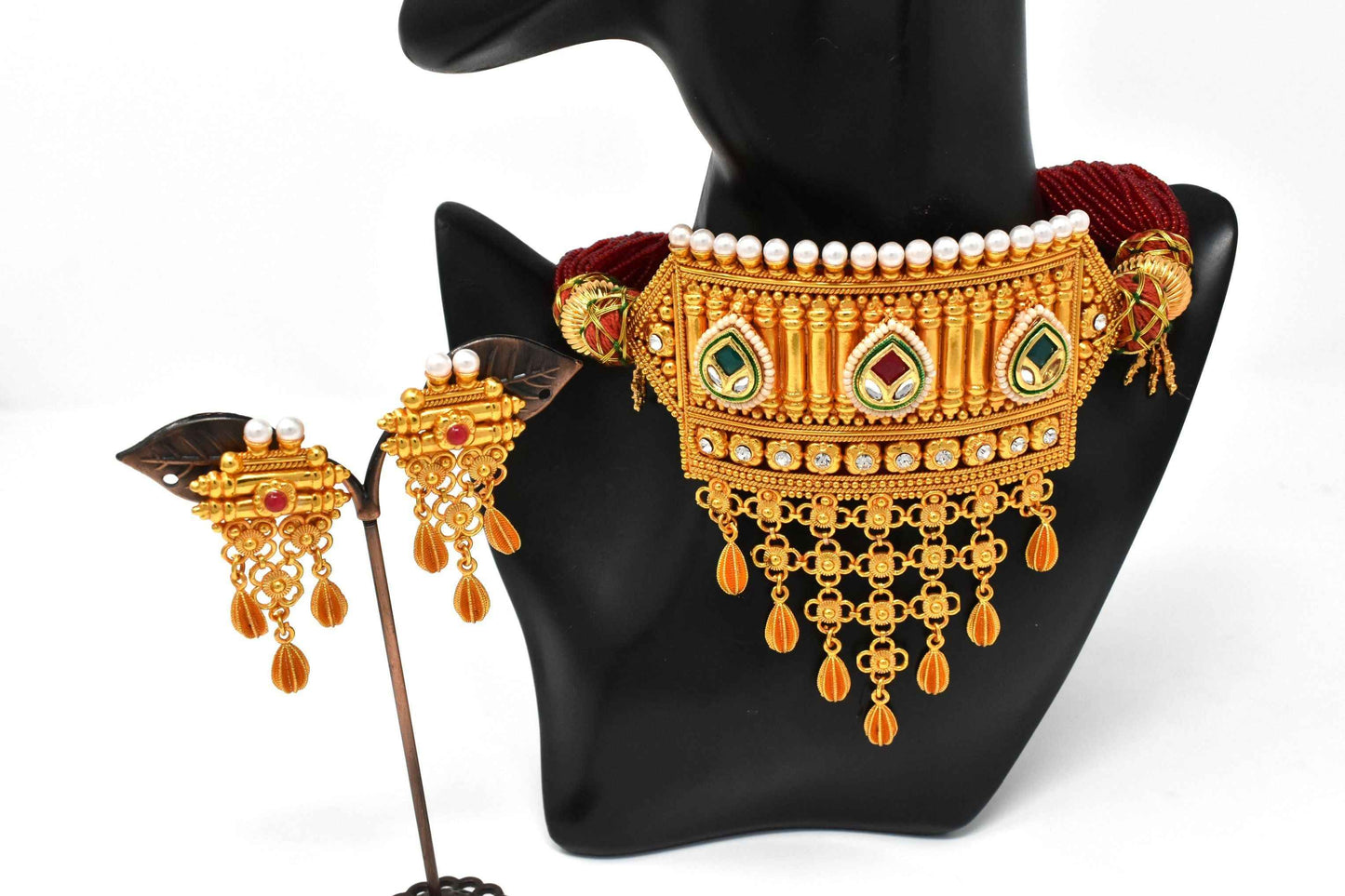 Indian Jewellery from Meira Jewellery:Rajasthani Jewellery,Traditional Folk Premium Design Gold Plated Rajputi Timaniya Beaded with White Stones and Kundan