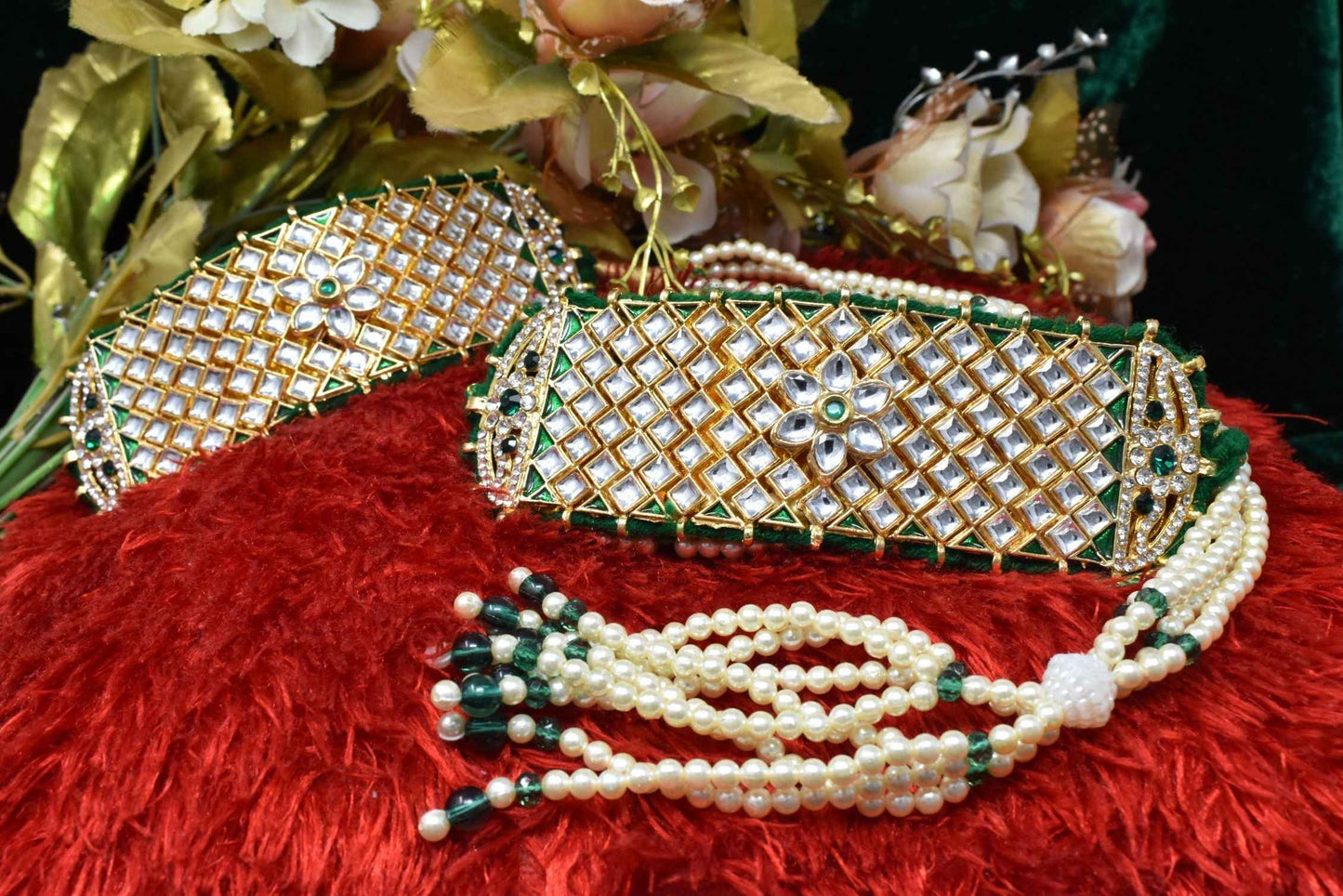 Indian Jewellery from Meira Jewellery:Rajasthani Jewellery,Fashionable Rajputi Green Gold Plated Bajuband beaded with White Kundan and Moti Mala Loom