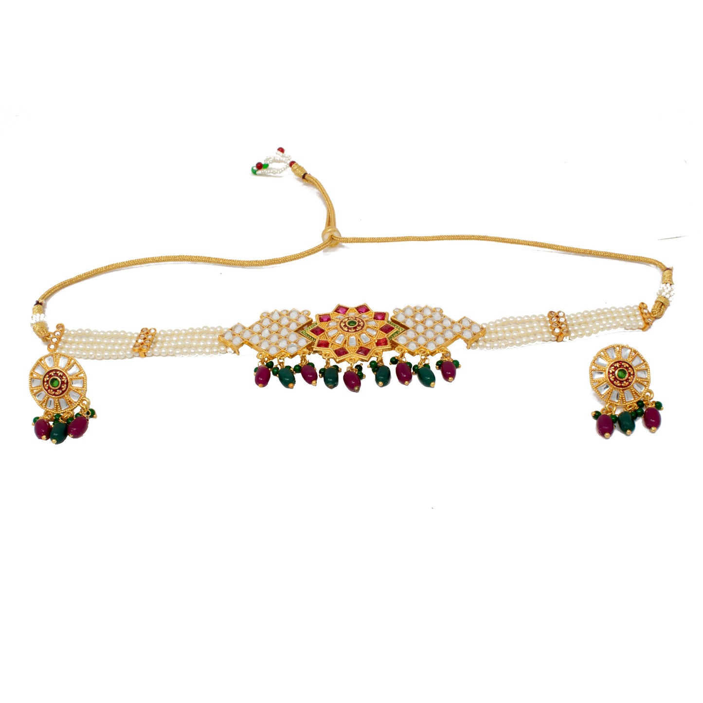 Designer Kundan work pink color Pearl Choker Set Multicolor