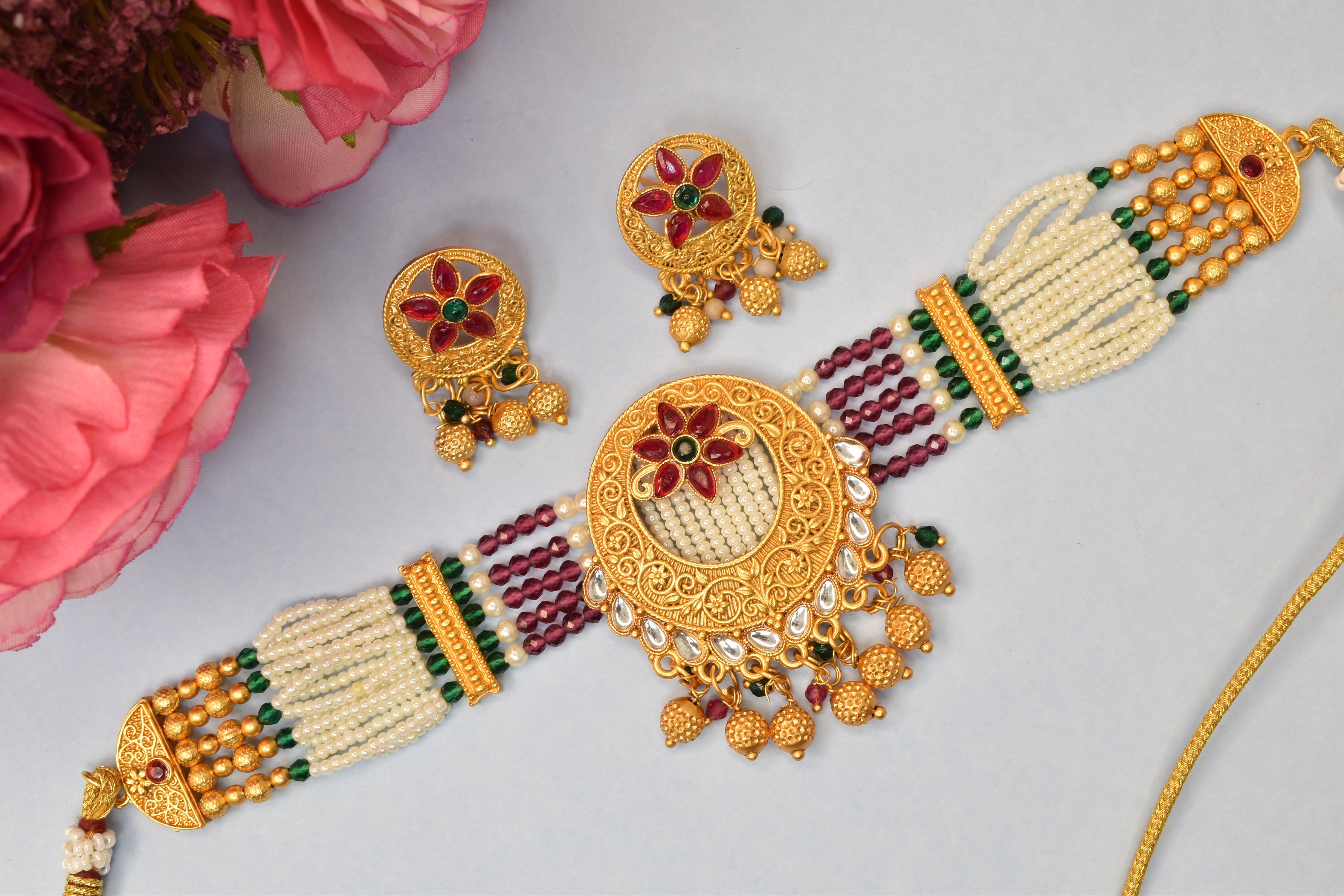Gold Plated Heavy Designer Necklace jadau kundan pearl choker set with earrings