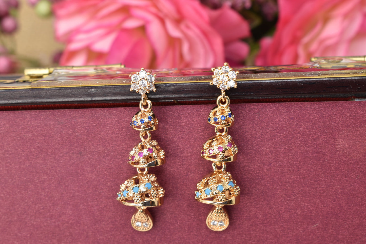 Rose gold plated earrings,bali earrings,stud,huggis,Jhumaka,jhumki big earrings,long earrings,earrings for girls,partywear earrings,bollywood earrings,wedding earrings,heavy designer earrings,