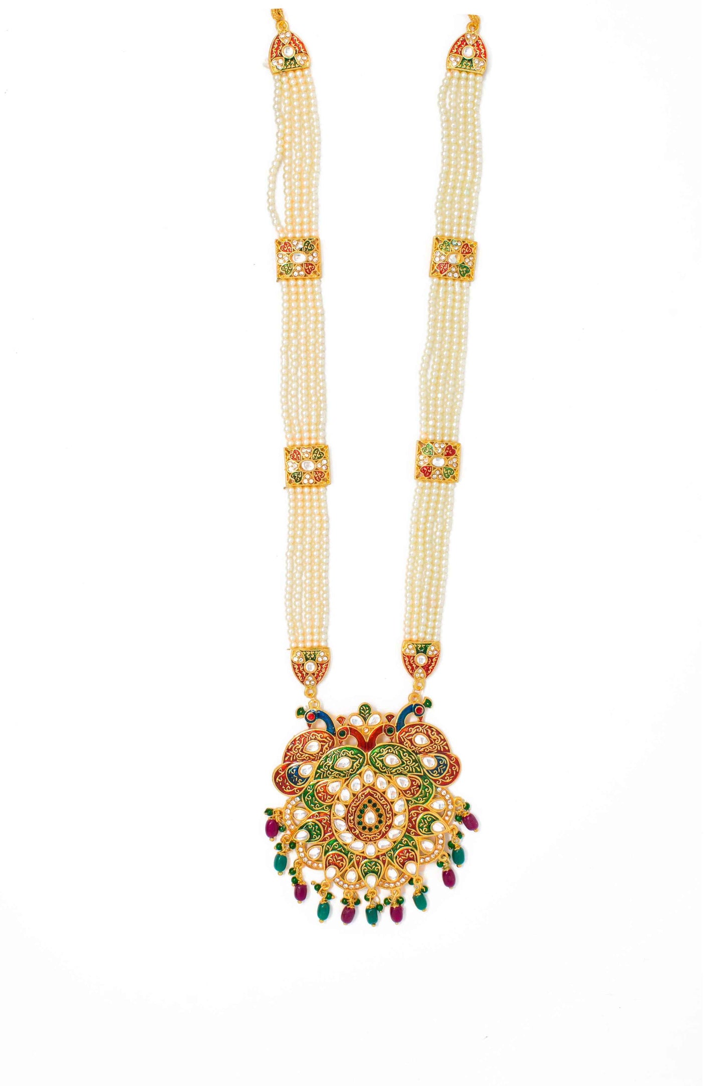 Eye Catchy Gold Plated Meenakari and Kundan Work Long set with Moti Mala Chain