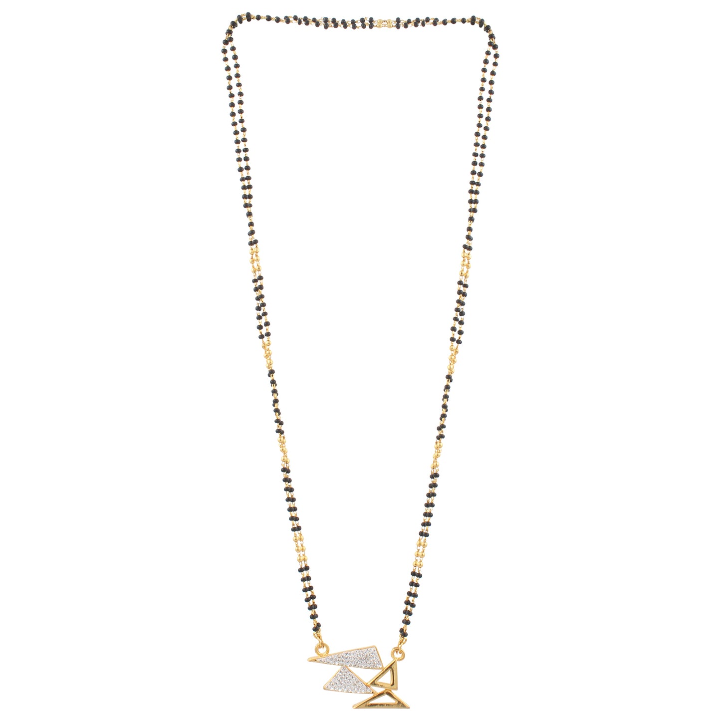 Indian Jewellery from Meira Jewellery:Mangalsutra,Gold Plated, Diamond Shaped, White Stoned Mangalsutra with Gold and Black beads