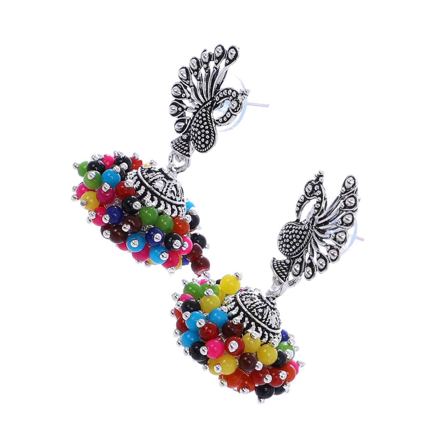 Indian Jewellery from Meira Jewellery:Earrings,Fancy Silver Oxodized Earring Peacock Multi Color Pearl (Big Jhumar)