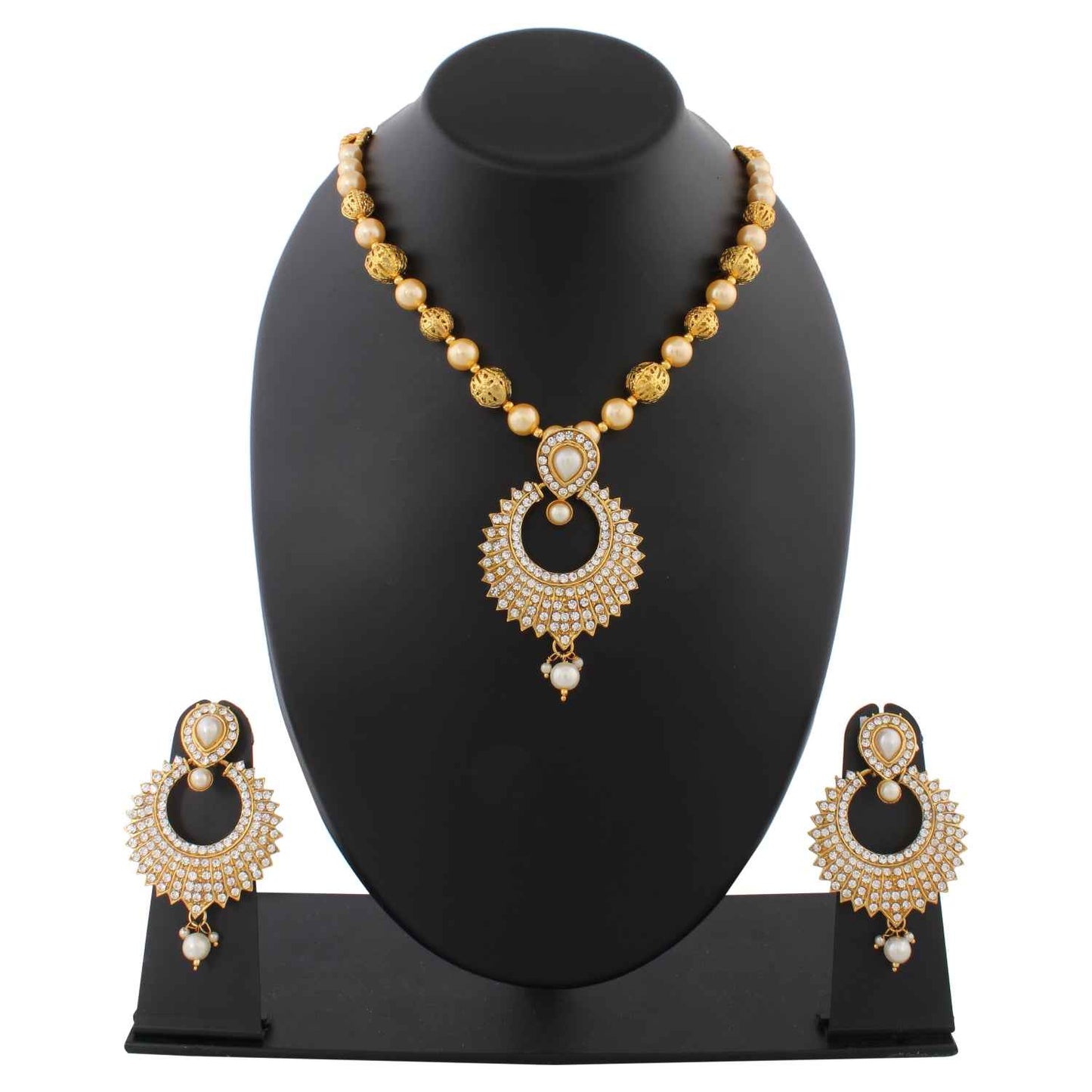 Indian Jewellery from Meira Jewellery:Necklace,PEARL NECKLACE SET WITH MELEE AMERICAN DIAMONDS IN CHANEL DESIGN & MATCHING EARRING FOR WOMEN