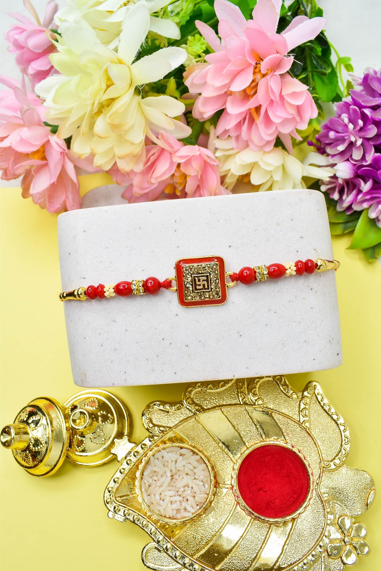 Swastik Design Hand Painted Bracelate Rakhi Set of 3 with Roli chawal n RakshabandhanRakhi for Brother Rakhi for Kids