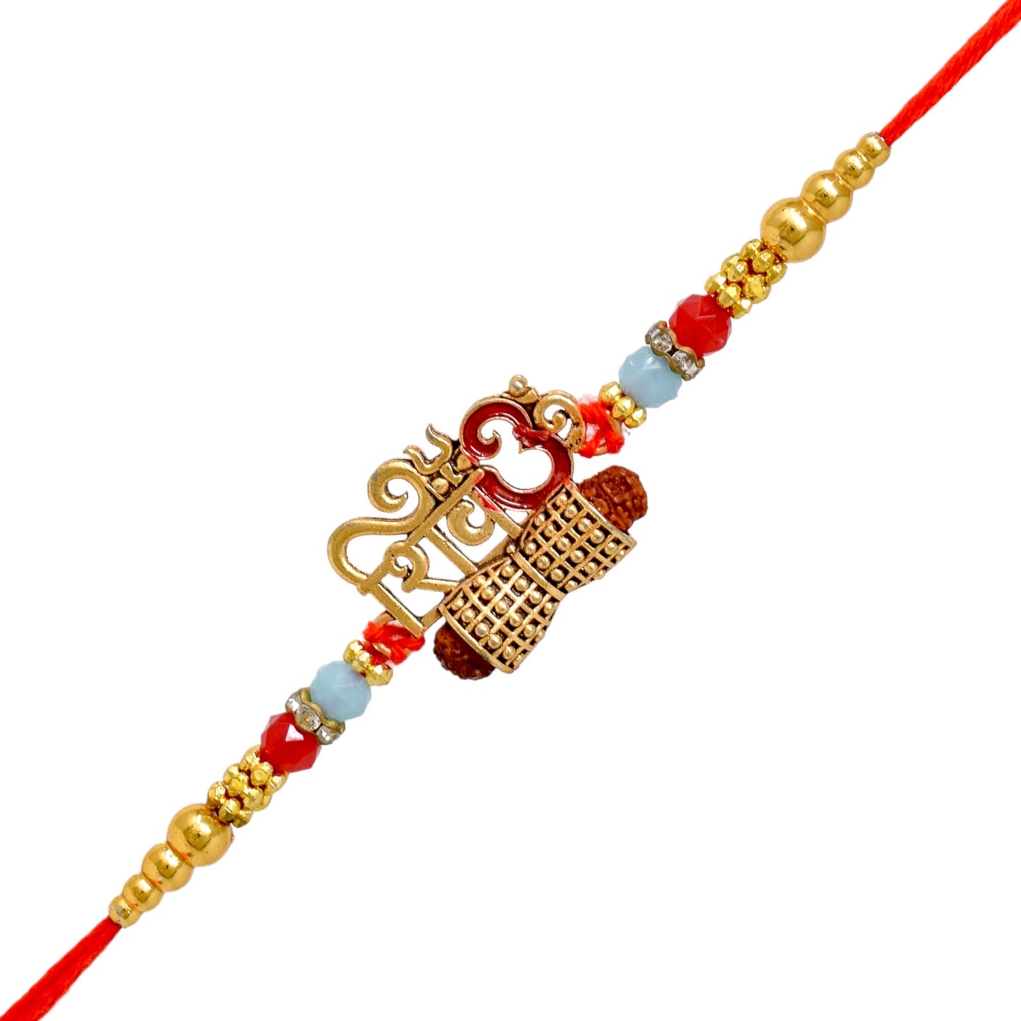 भाई के लिए राखी का 2 कॉम्बो सेट का सेट, गोल्ड प्लेटेड पारंपरिक ओम त्रिशूल डमरू और शिव राखी सेट, रोली-चावल और रक्षाबंधन गिफ्ट कार्ड के साथ