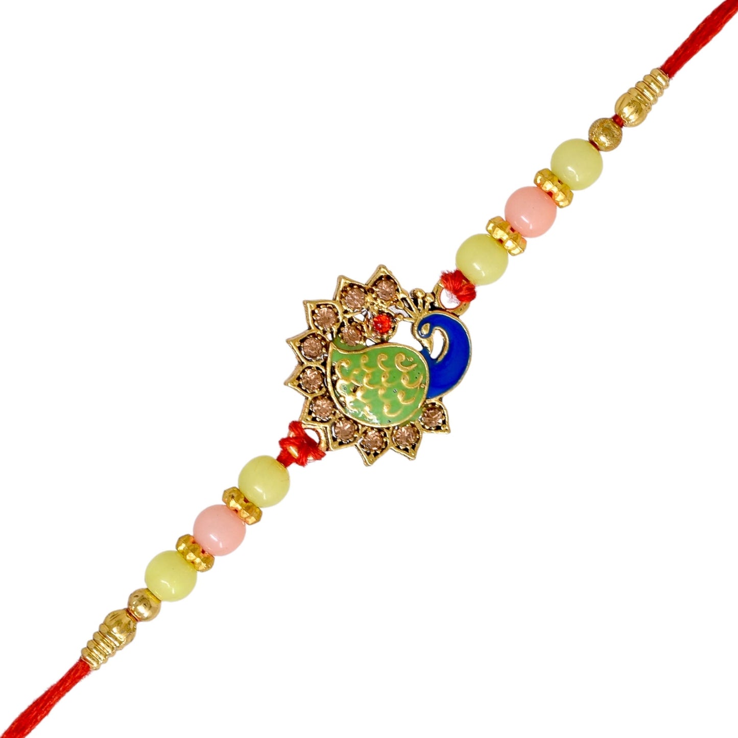 Brass Stylish Art Rakhi Multicolor Peacock A.D. stone Rakhi set with Roli Chawal & Card| rakhi for brother and bhabhi kids| rakhi set of 2 | resin rakhi
