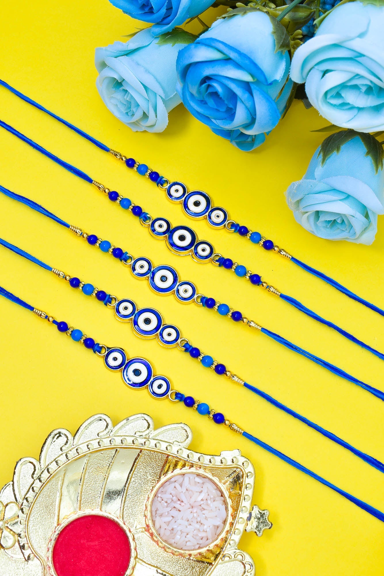 Evil Eye Rakhi Rakhi Combo (Set of 5) with Roli Chawal and Greeting Card For Men Brother Kids