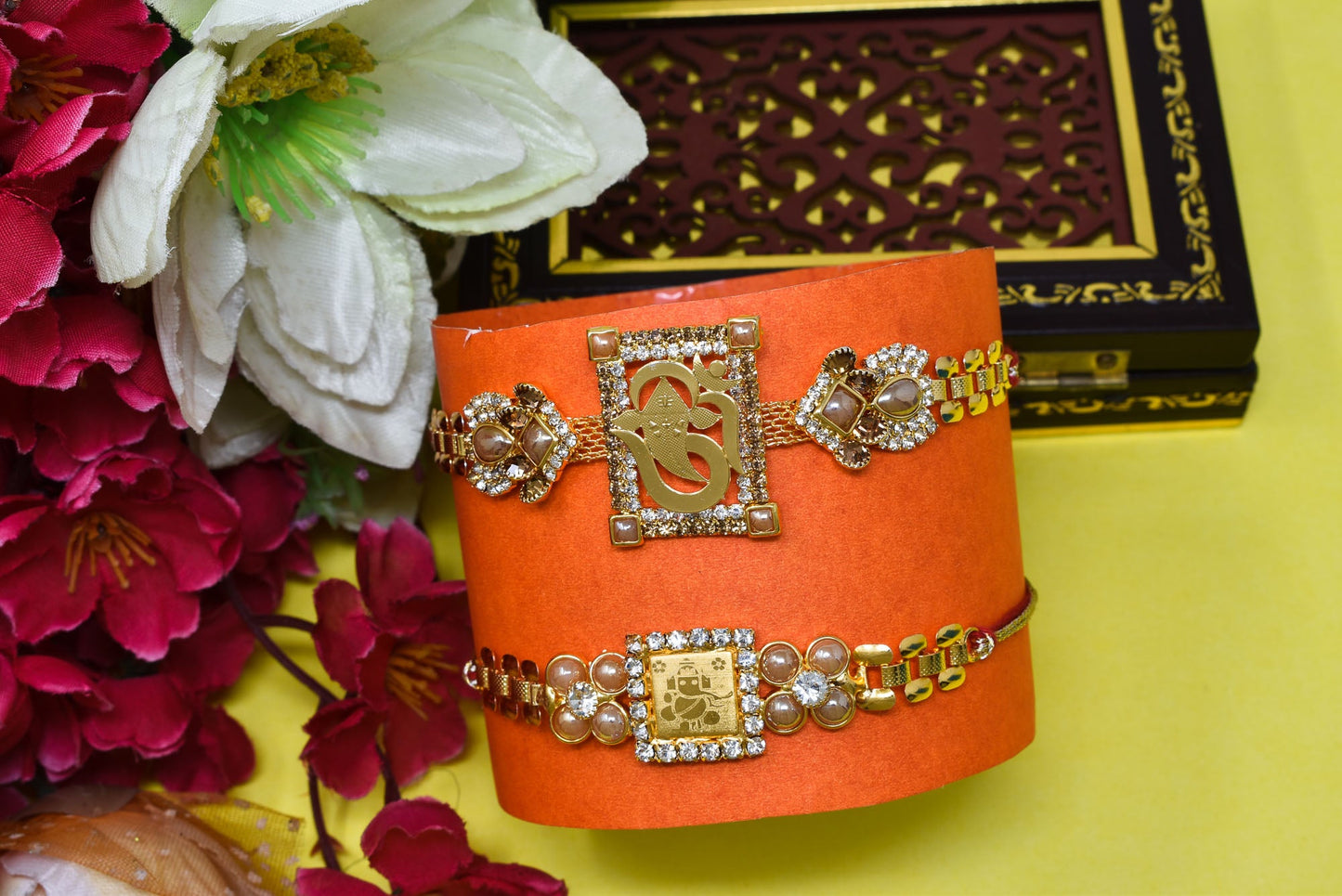 Ganesha n Om Rakhi A.D Combo Bracelate Rakhi set with Roli Chawal & Card| rakhi for brother and bhabhi kids| rakhi set of 2 | resin rakhi