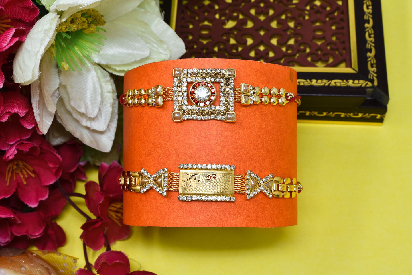 Brass A.D Combo Bracelate Rakhi set with Roli Chawal & Card| rakhi for brother and bhabhi kids| rakhi set of 2 | resin rakhi