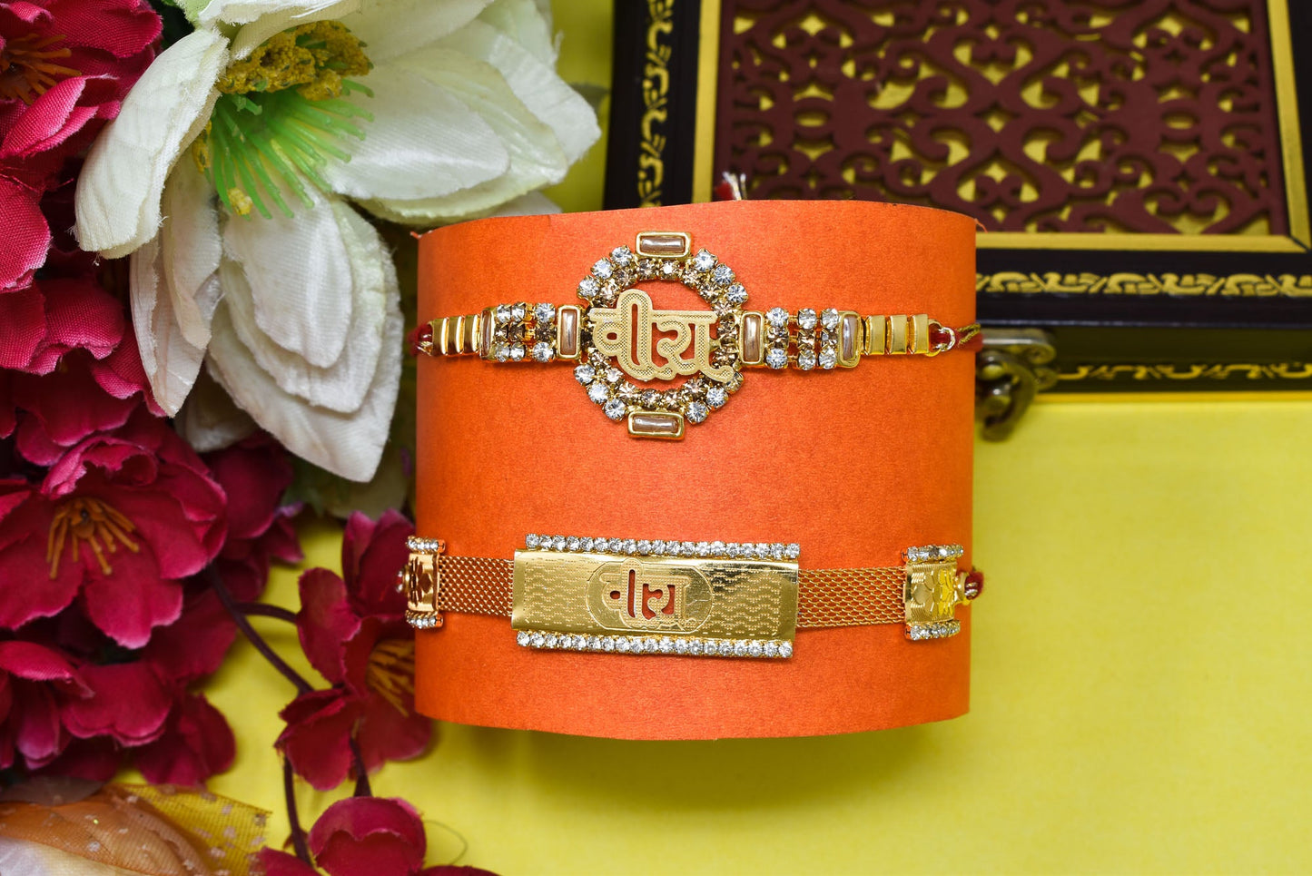 VEERA Rakhi Brass A.D Combo Bracelate Rakhi set with Roli Chawal & Card| rakhi for brother and bhabhi kids| rakhi set of 2 | resin rakhi