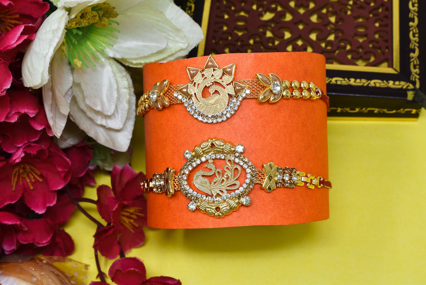 Brass Peacock A.D Combo Bracelate Rakhi set with Roli Chawal & Card| rakhi for brother and bhabhi kids| rakhi set of 2 | resin rakhi