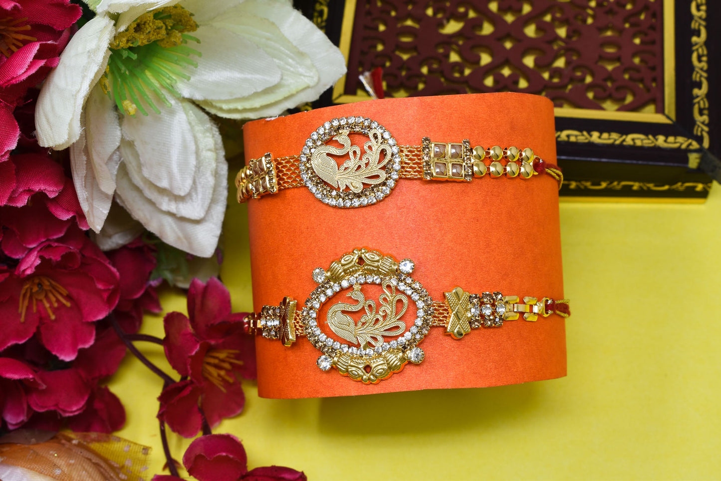 Brass Peacock A.D Combo Bracelate Rakhi set with Roli Chawal & Card| rakhi for brother and bhabhi kids| rakhi set of 2 | resin rakhi