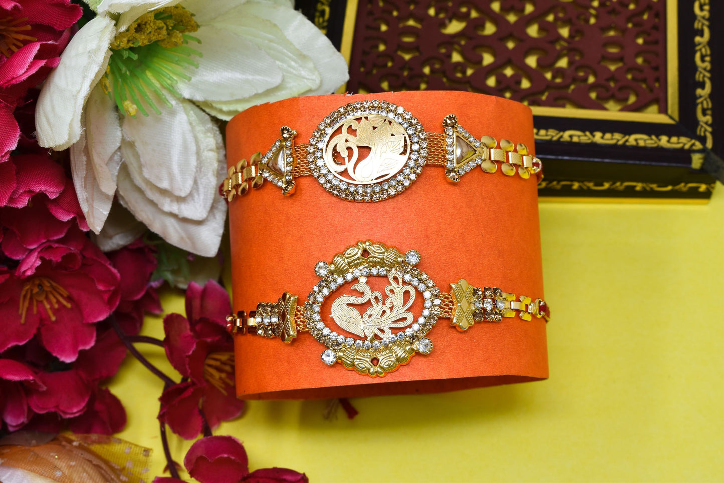 Brass Peacock A.D Combo Bracelate Rakhi set with Roli Chawal & Card| rakhi for brother and bhabhi kids| rakhi set of 2 | resin rakhi