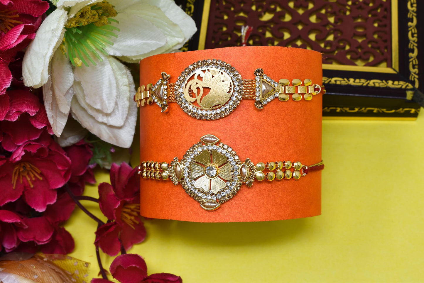 Brass Peacock n Flower A.D Combo Bracelate Rakhi set with Roli Chawal & Card| rakhi for brother and bhabhi kids| rakhi set of 2 | resin rakhi