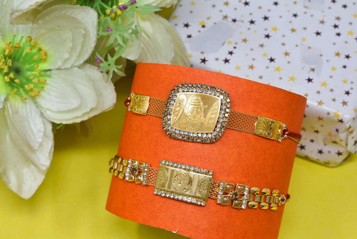 OM n SHIVA Rakhi Brass A.D Combo Bracelate Rakhi set with Roli Chawal & Card| rakhi for brother and bhabhi kids| rakhi set of 2 | resin rakhi