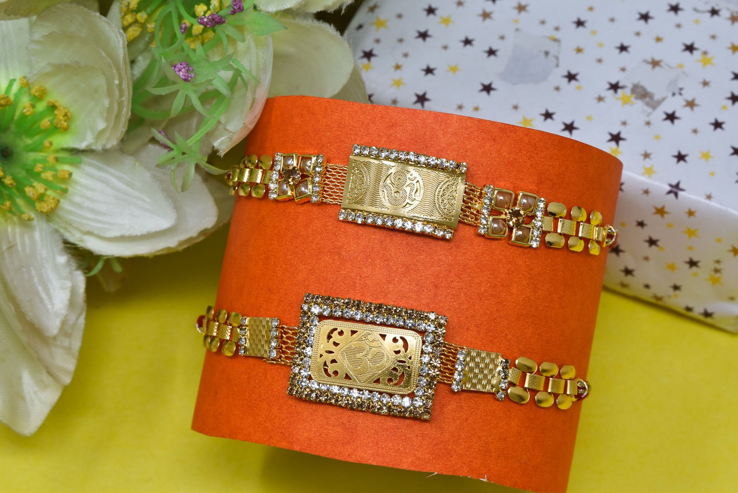 OM Rakhi Brass A.D Combo Bracelate Rakhi set with Roli Chawal & Card| rakhi for brother and bhabhi kids| rakhi set of 2 | resin rakhi