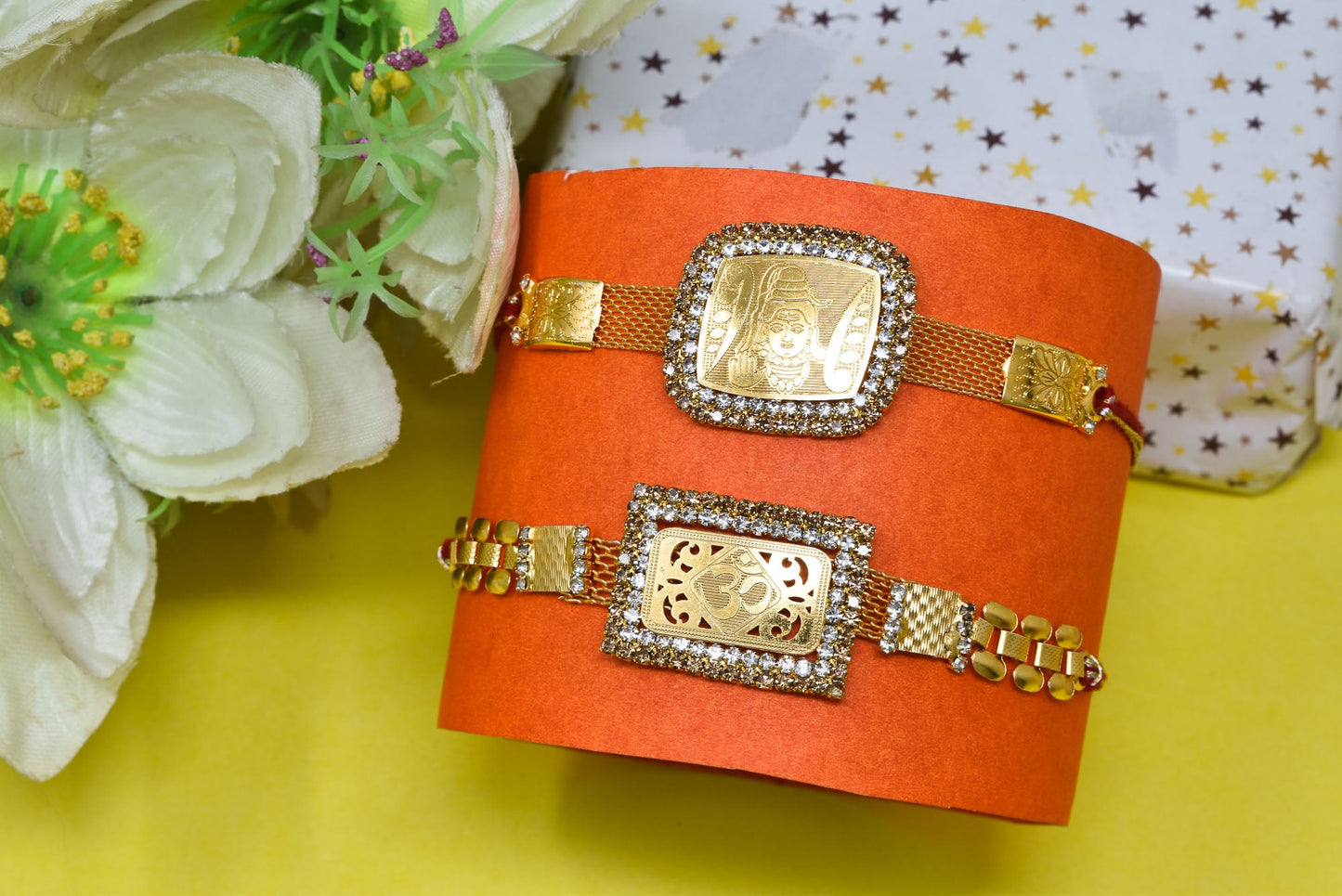 OM n SHIVA Rakhi Brass A.D Combo Bracelate Rakhi set with Roli Chawal & Card| rakhi for brother and bhabhi kids| rakhi set of 2 | resin rakhi