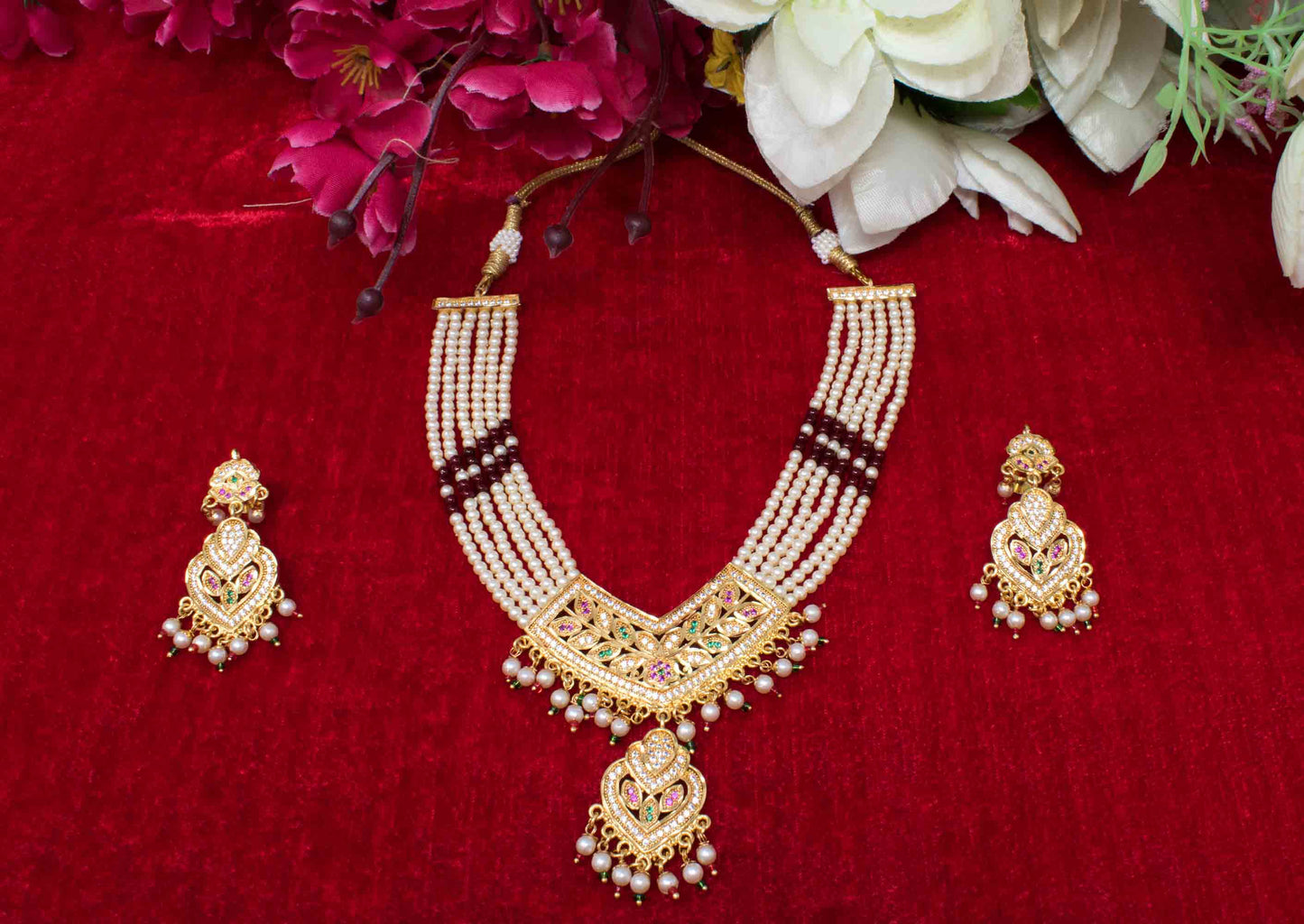 Kundan Studded Pearl Necklace Set with Earring