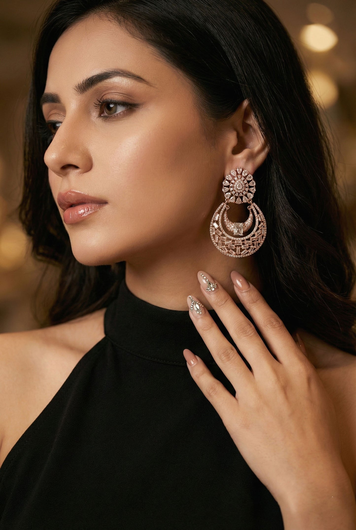 Meira Jewellery Rose Gold Finish Stylish CZ Studded Chandbali Drop Earrings for Women and Girls, Floral Top Motif Party, Wedding Jewellery, Sparkling Statement Dangle Western Earrings for Festive-01