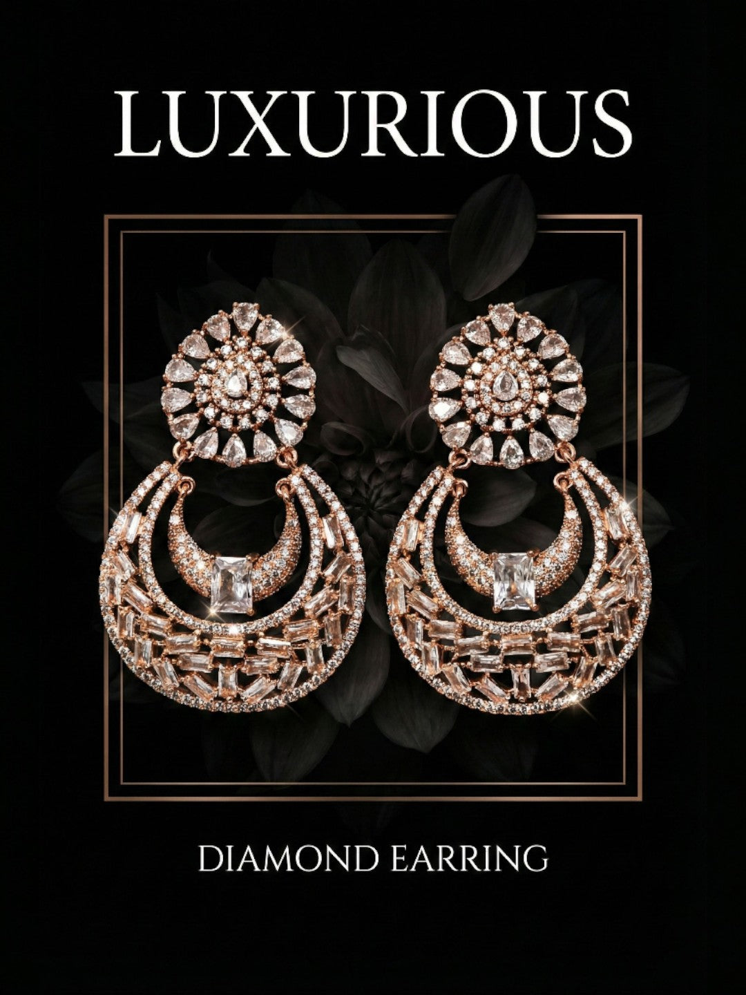 Meira Jewellery Rose Gold Finish Stylish CZ Studded Chandbali Drop Earrings for Women and Girls, Floral Top Motif Party, Wedding Jewellery, Sparkling Statement Dangle Western Earrings for Festive-01