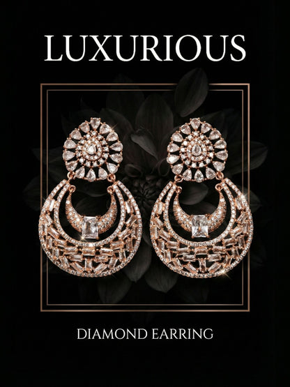 Meira Jewellery Rose Gold Finish Stylish CZ Studded Chandbali Drop Earrings for Women and Girls, Floral Top Motif Party, Wedding Jewellery, Sparkling Statement Dangle Western Earrings for Festive-01